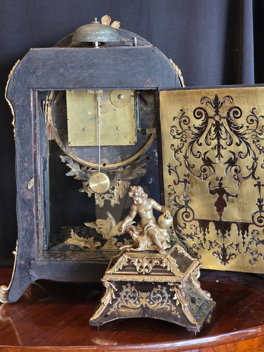 Pendola Cartel Luigi XV francese in legno ebanizzato e bronzo dorato, XVIII secolo-photo-1