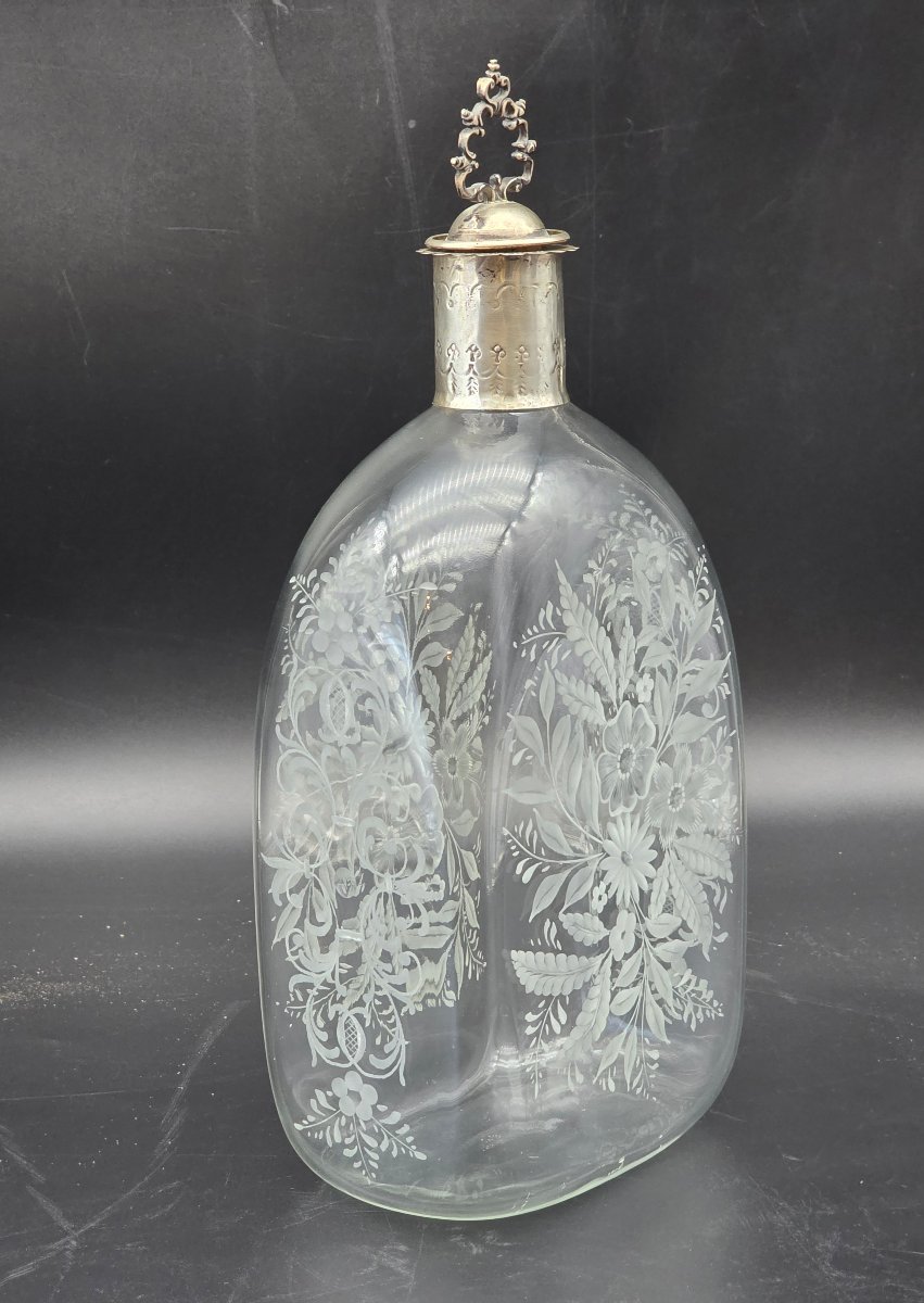 Bottiglia da liquore in vetro inciso con tappo in argento 800, Venezia, fine XIX secolo-photo-4