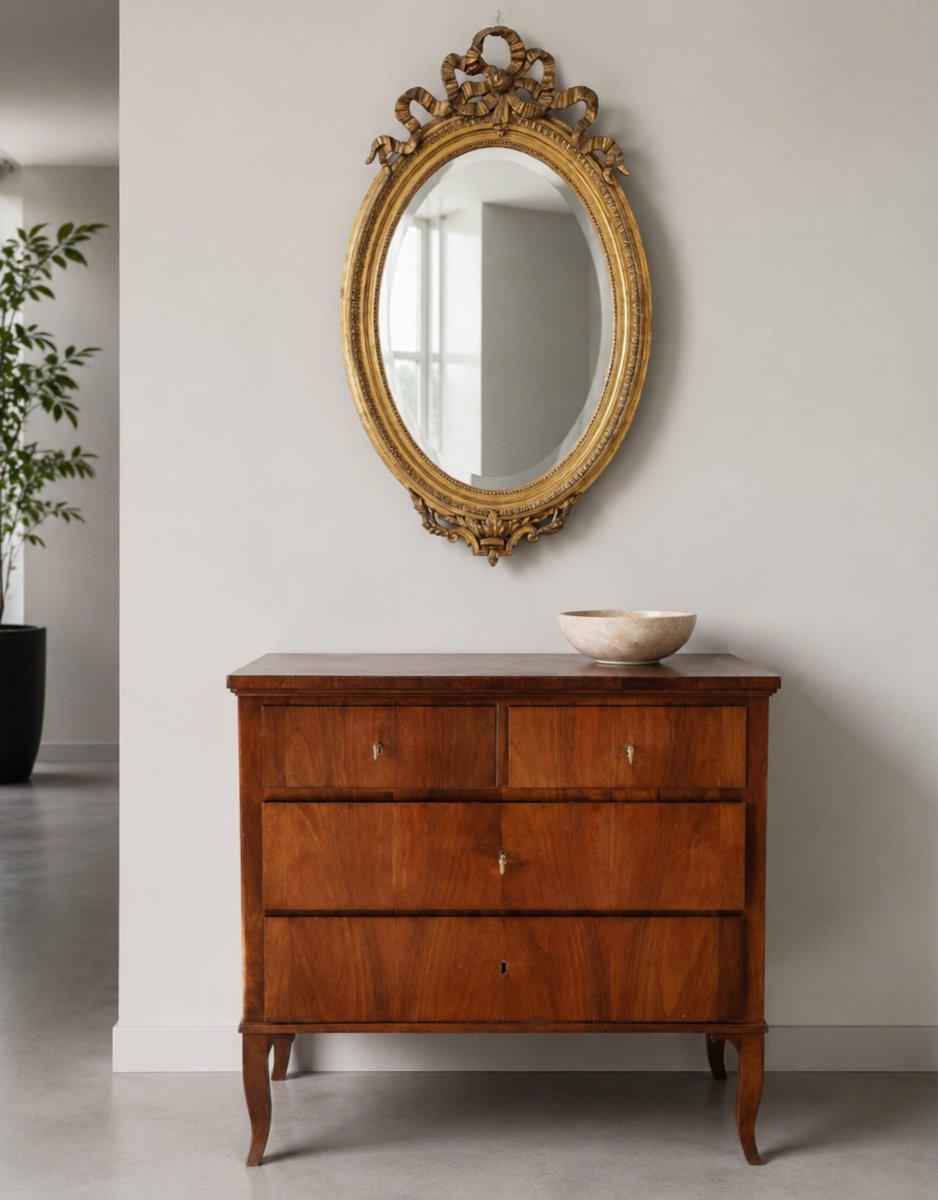 Specchiera ovale francese dorata con nodo d’amore – epoca Napoleone III, XIX secolo-photo-2