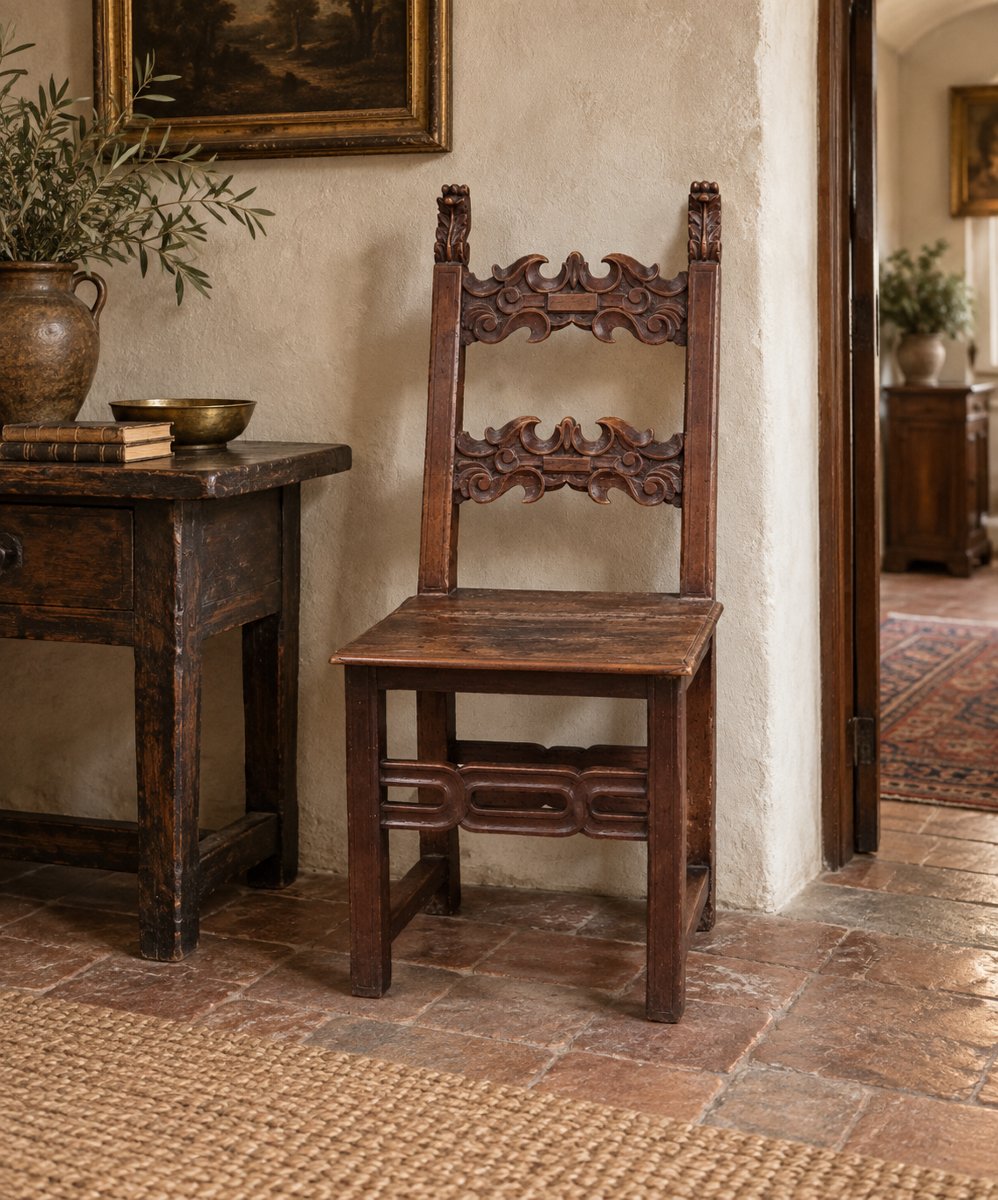 Seggiolone veneto in legno da frutto intagliato, fine XVII - inizi XVIII secolo-photo-2