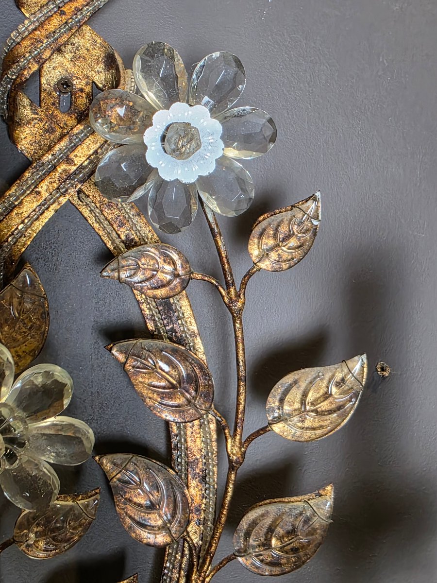Coppia di applique in metallo dorato e cristallo, stile Maison Baguès, circa 1950-60-photo-5