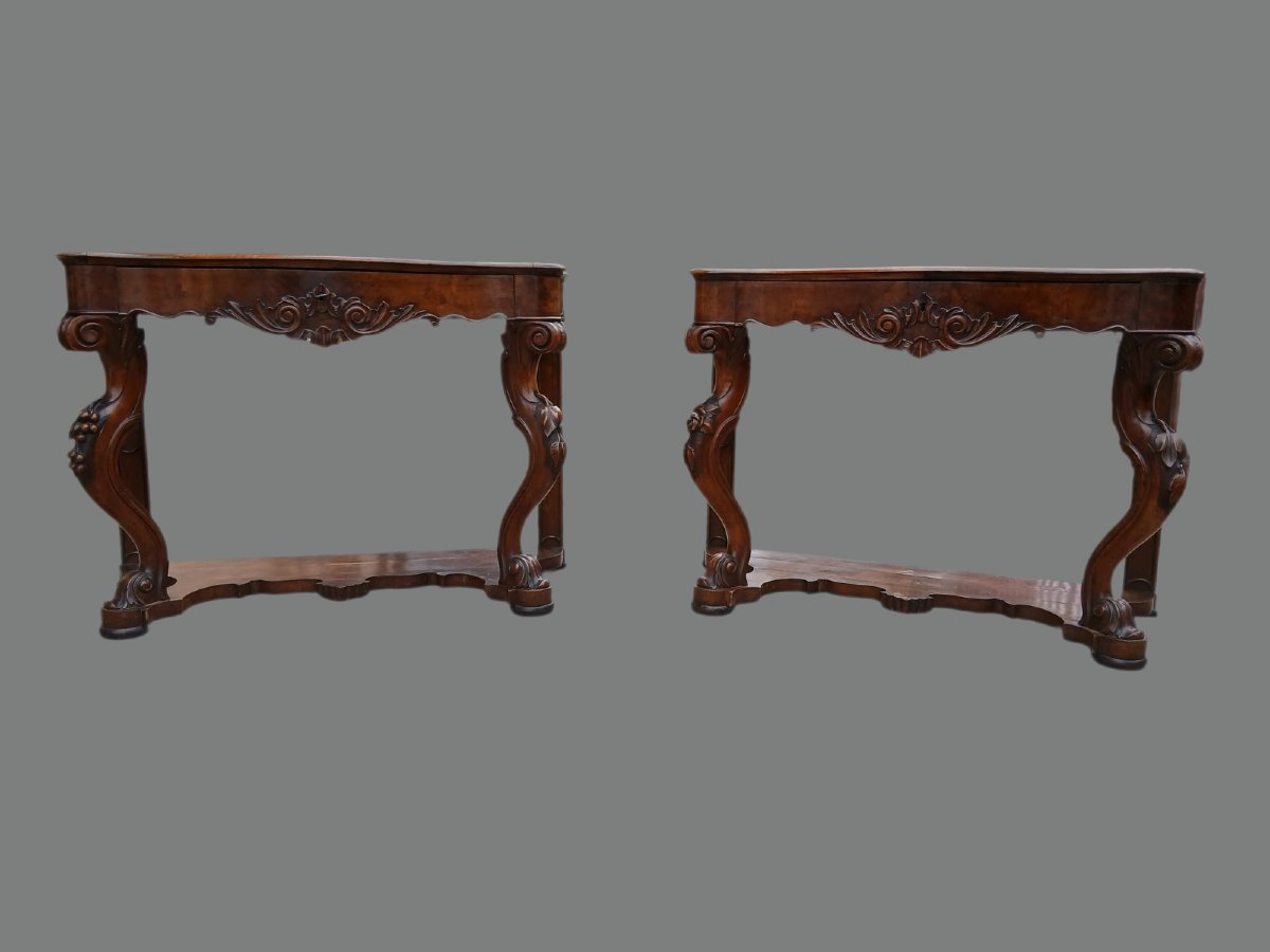 Coppia di console Luigi Filippo in noce intagliato – Veneto, XIX secolo-photo-2