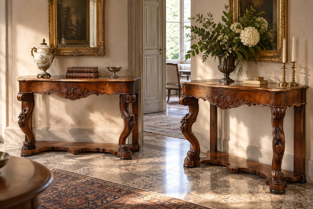 Coppia di console Luigi Filippo in noce intagliato – Veneto, XIX secolo-photo-4