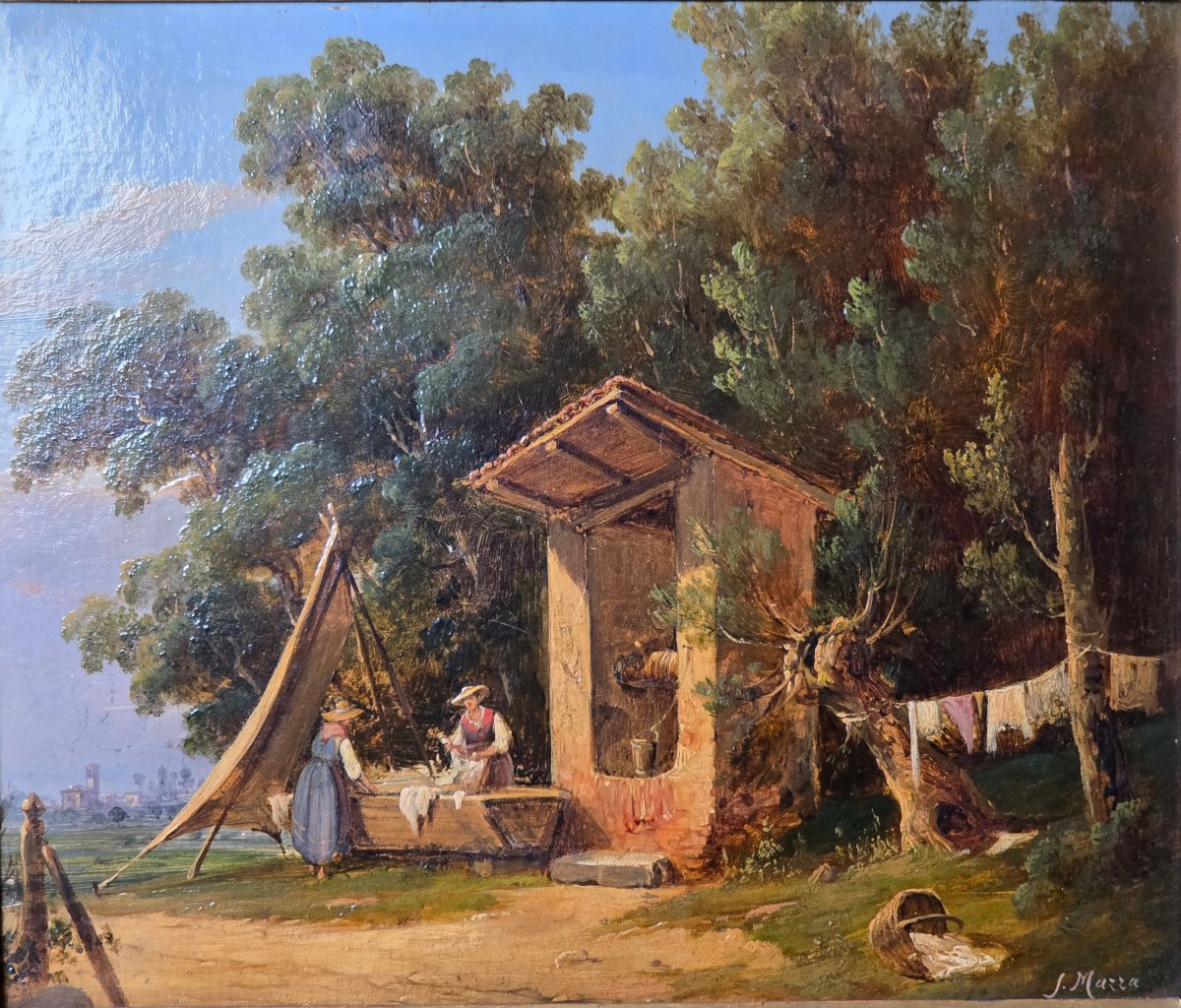 Salvatore Mazza (1819–1886) – Lavandaie presso un pozzo  – Olio su cartone