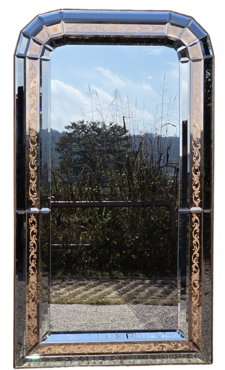 Grande specchiera veneziana in vetro molato e inciso – Anni '60-'70
