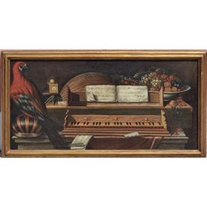 Coppia di nature morte con strumenti musicali, frutta e animali esotici – Scuola lombarda, fine