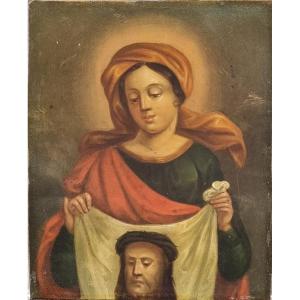 Piccolo dipinto spagnolo su zinco – Santa Veronica con il velo del Cristo