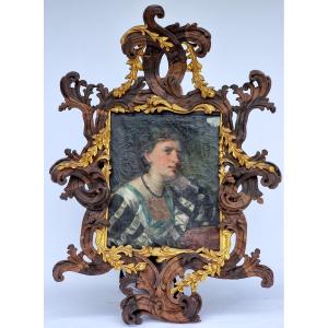 Antonio Zona – Ritratto di giovane donna con cornice scolpita in cirmolo dorato, fine XIX secol