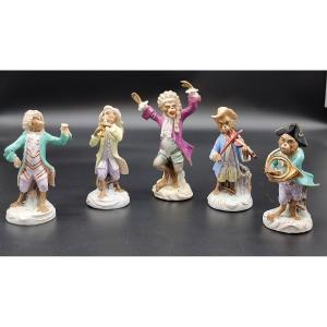 Cinque figurine in porcellana – Orchestra di scimmie (“Affenkapelle”) – Meissen, XX secolo