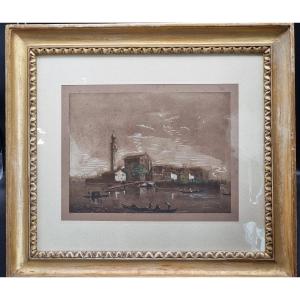 Veduta di Venezia – Stampa acquerellata con cornice veneta in foglia d’oro, metà XIX secolo