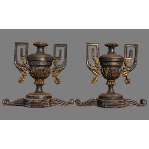 Coppia di grandi portapalme in legno argentato e dorato, gusto neoclassico, inizi XX secolo