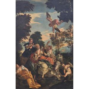Grande dipinto decorativo antico “Ratto d’Europa”, scuola veneta, XVIII secolo