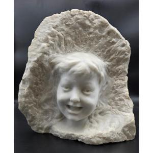 Scultura bambino in marmo bianco, testa emergente, metà XX secolo