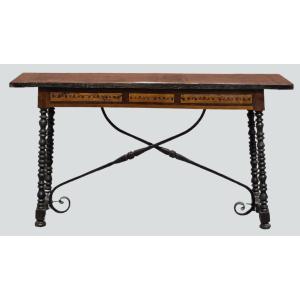 Tavolino console lombardo XVIII secolo intarsiato con gambe a rocchetto