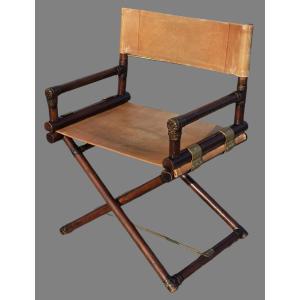 Sedia da regista pieghevole stile McGuire legno cuoio ottone anni ’70