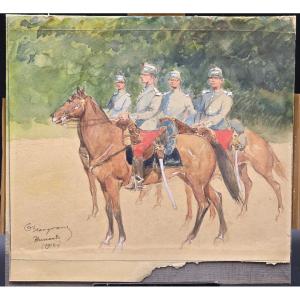 Acquerello militare con cavalieri firmato e datato 1912
