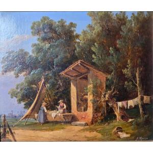 Salvatore Mazza (1819–1886) – Lavandaie presso un pozzo – Olio su cartone