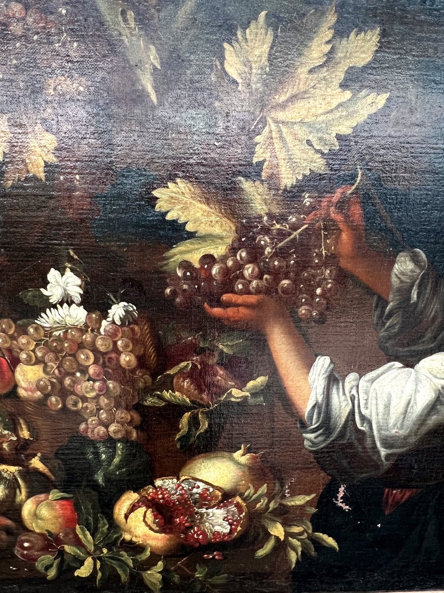 MICHELE PACE DA CAMPIDOGLIO, att. a (Roma 1610 ca. - 1670 ca.) PAESAGGIO CON NATURA MORTA DI FRUTTA E FANCIULLO-photo-2