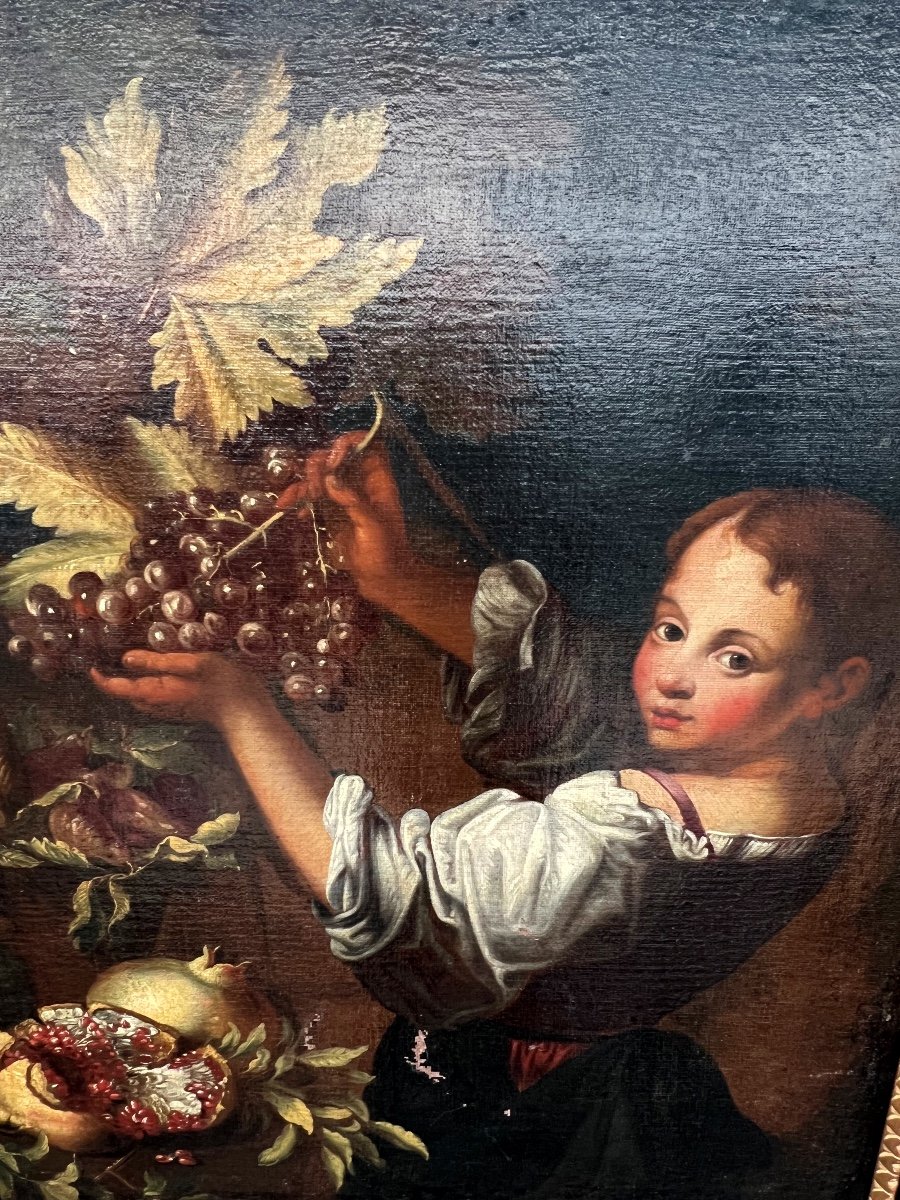 MICHELE PACE DA CAMPIDOGLIO, att. a (Roma 1610 ca. - 1670 ca.) PAESAGGIO CON NATURA MORTA DI FRUTTA E FANCIULLO-photo-4