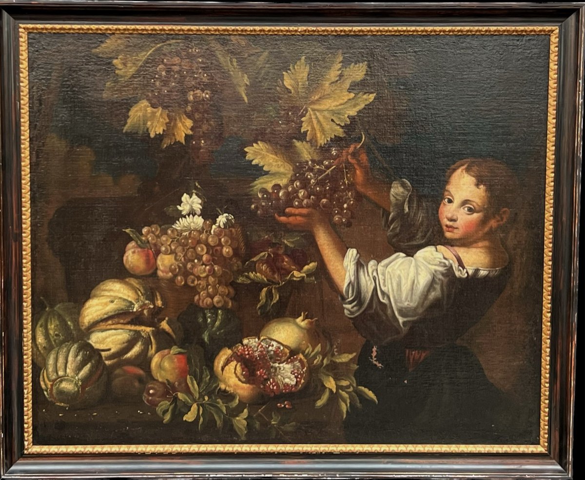 MICHELE PACE DA CAMPIDOGLIO, att. a (Roma 1610 ca. - 1670 ca.) PAESAGGIO CON NATURA MORTA DI FRUTTA E FANCIULLO