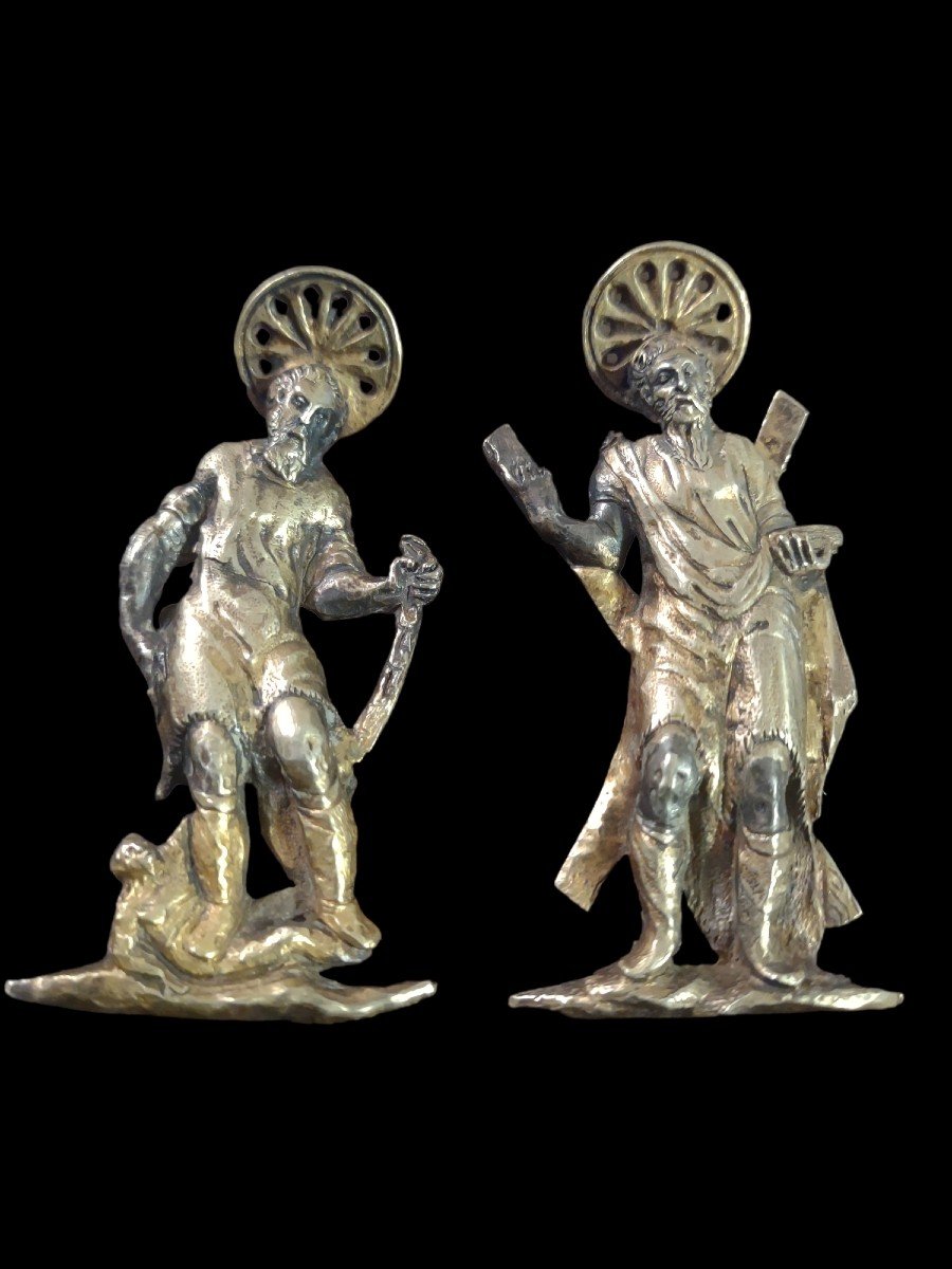 Coppia di rilievi in bronzo dorato rappresentanti apostoli Rinascimento lombardo 