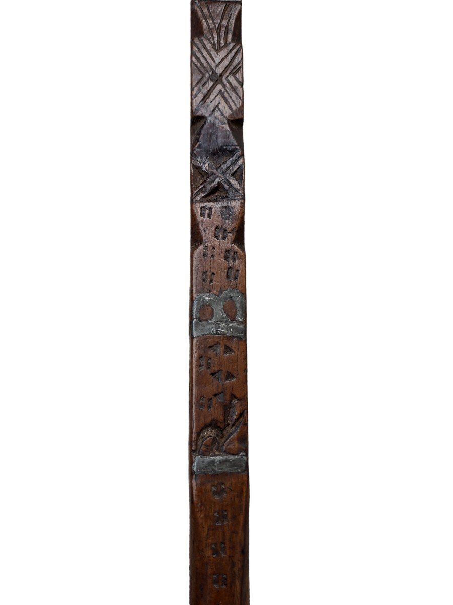 Conocchia savoiarda in legno con inserti in peltro trasformata in bastone da passeggio -photo-4