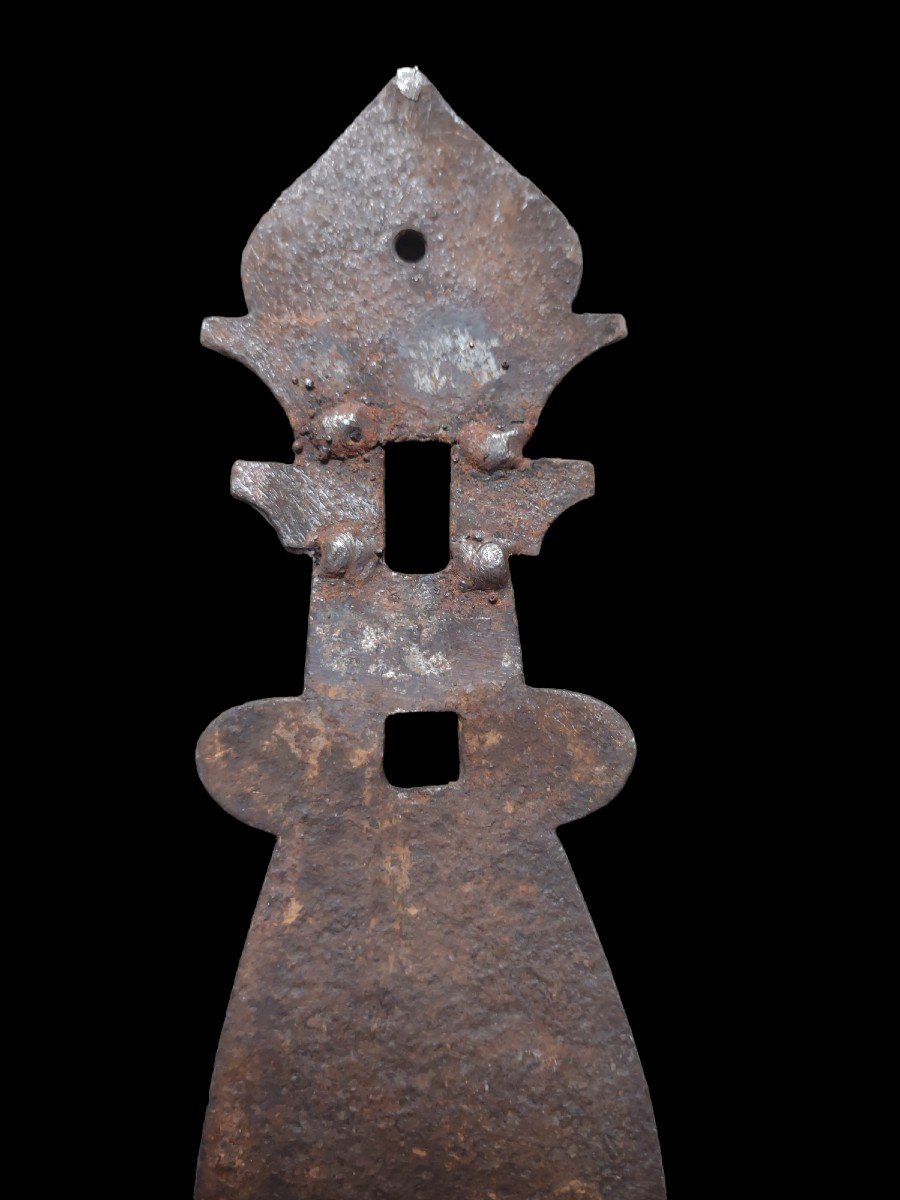 Antica maniglia di porta in ferro forgiato completa di piastra e scrocco-photo-4