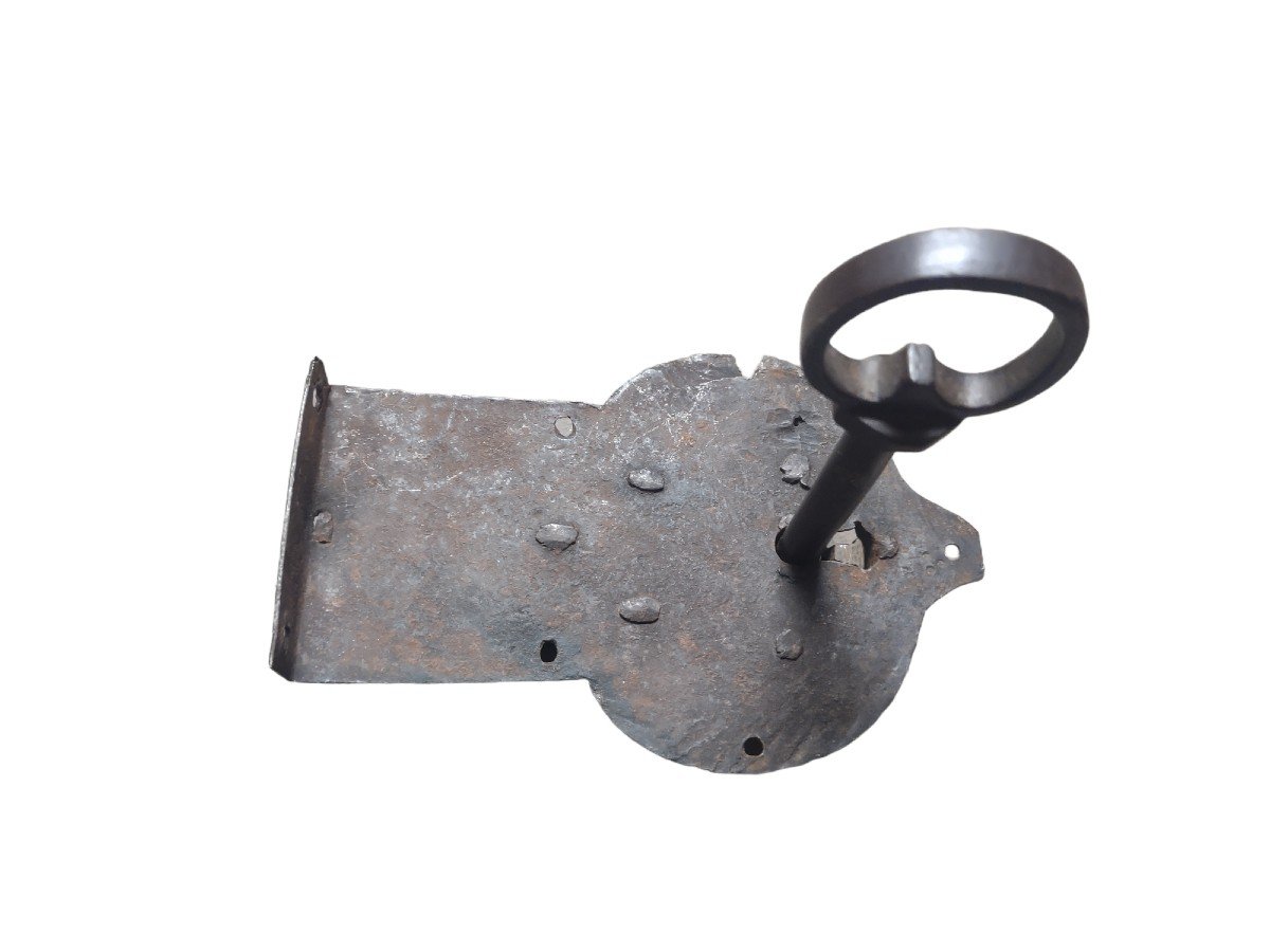 Serratura da cassapanca in ferro forgiato ed inciso XVIII secolo con chiave originale-photo-4