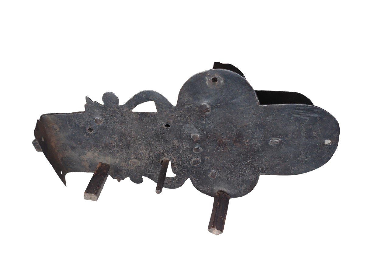 Serratura da mobile in ferro forgiato ed inciso XVII secolo-photo-5