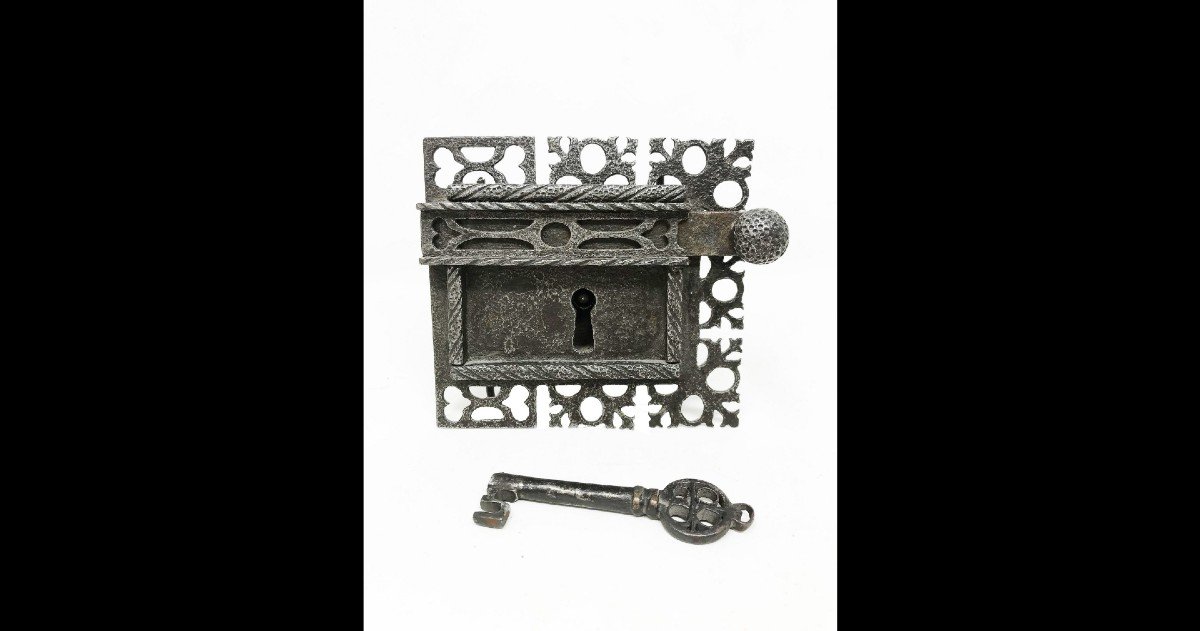 Serratura gotica  di mobile completa di chiave originale XVI secolo-photo-2