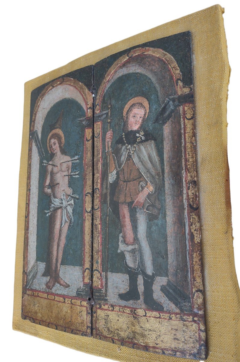 Coppia di predelle raffiguranti San Sebastiano e San Rocco Italia Centrale XVI secolo-photo-3