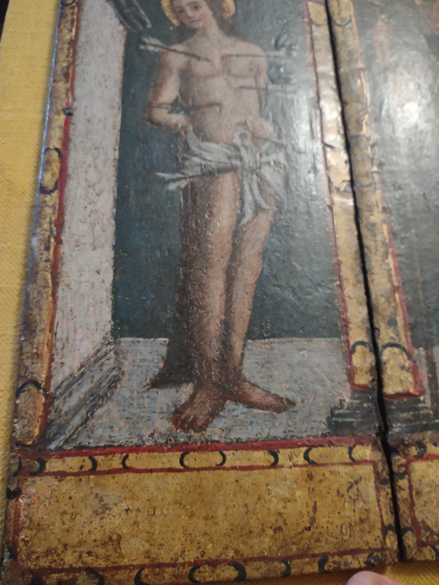 Coppia di predelle raffiguranti San Sebastiano e San Rocco Italia Centrale XVI secolo-photo-4