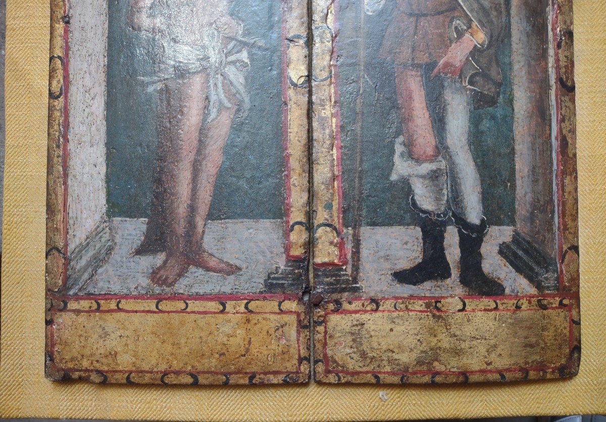 Coppia di predelle raffiguranti San Sebastiano e San Rocco Italia Centrale XVI secolo-photo-6
