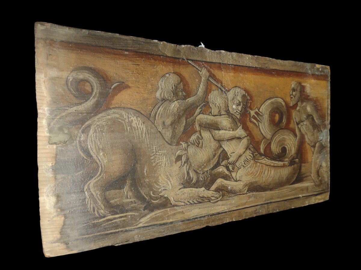 Tavoletta di soffitto ligneo Lombardia XVI secolo "Lotta tra Tritoni"-photo-4