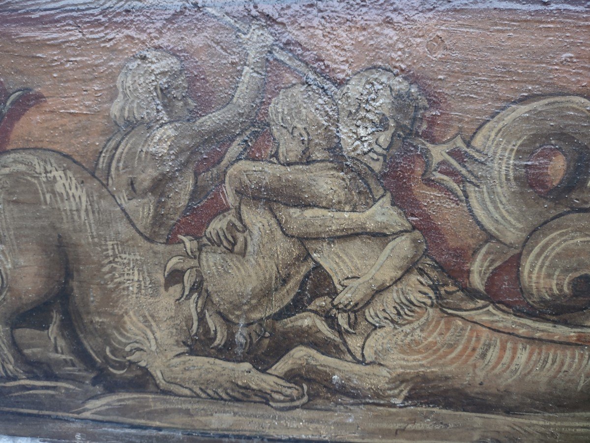 Tavoletta di soffitto ligneo Lombardia XVI secolo "Lotta tra Tritoni"-photo-5