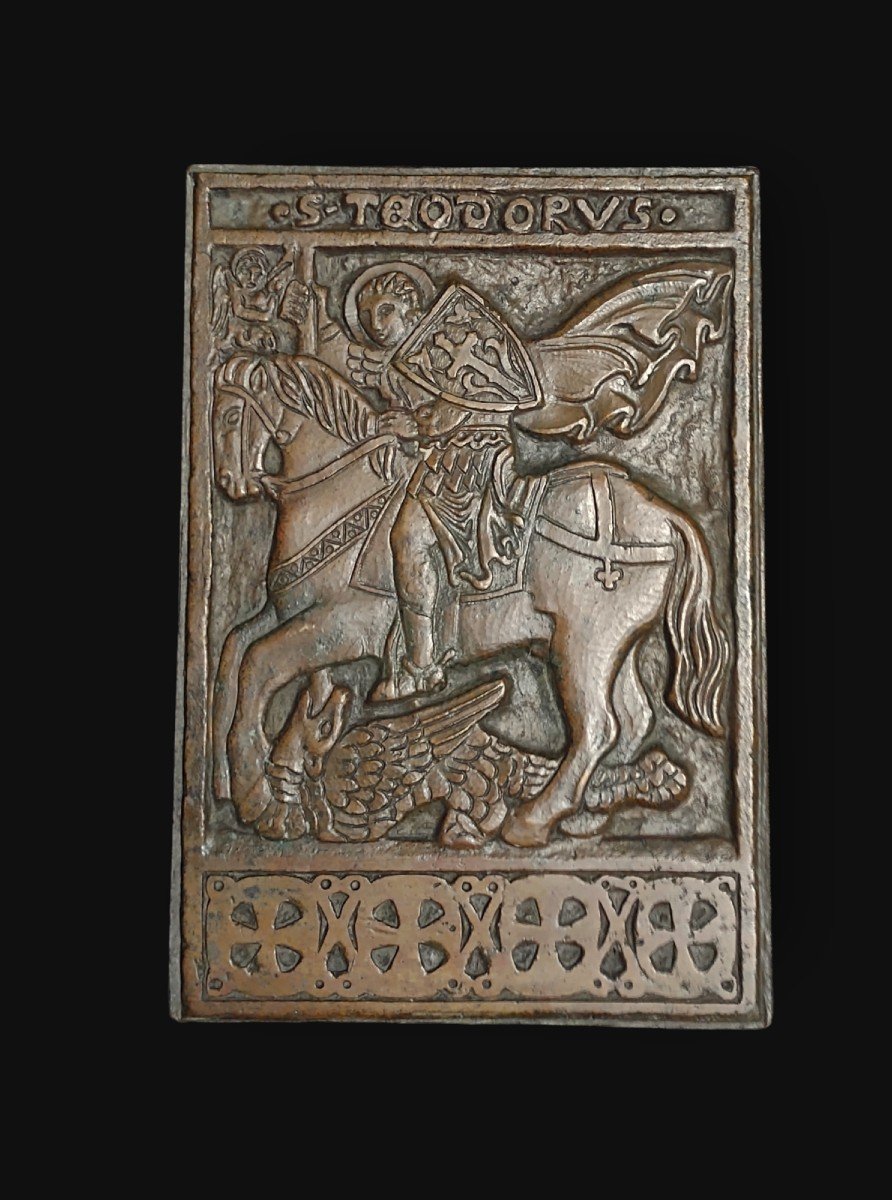 Placca in bronzo di scuola veneziana rappresentante San Teodoro che uccide il drago-photo-2