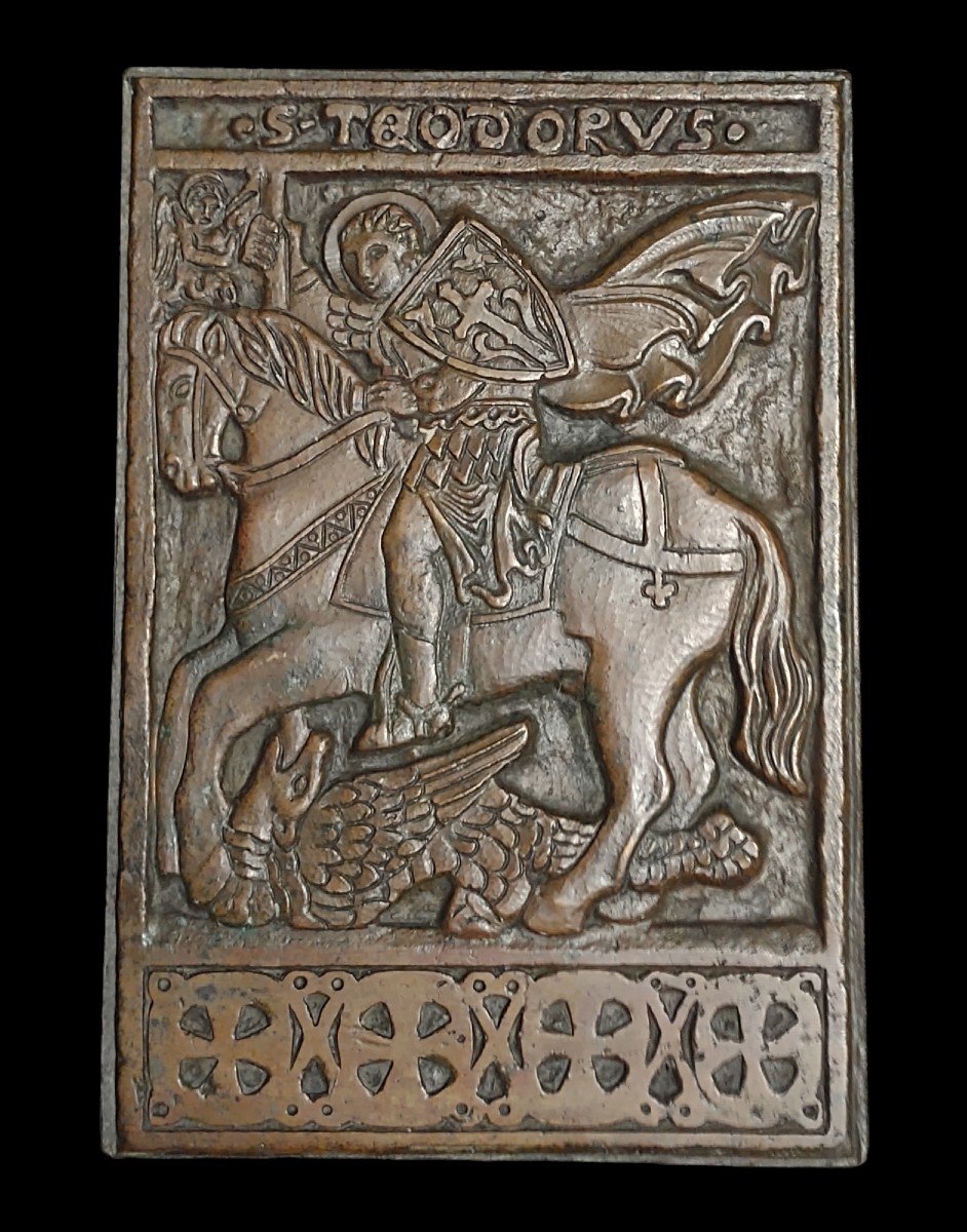 Placca in bronzo di scuola veneziana rappresentante San Teodoro che uccide il drago