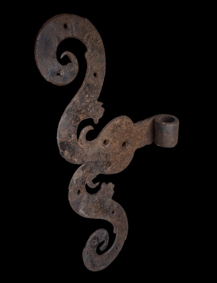 Coppia di cerniere a baffo in ferro forgiato inizio XVIII secolo-photo-2