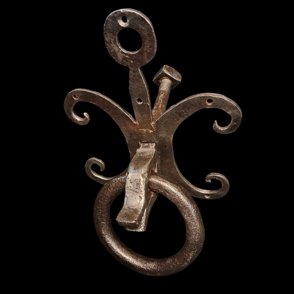 Battiporta zoomorfo in ferro forgiato completo XVII secolo-photo-3