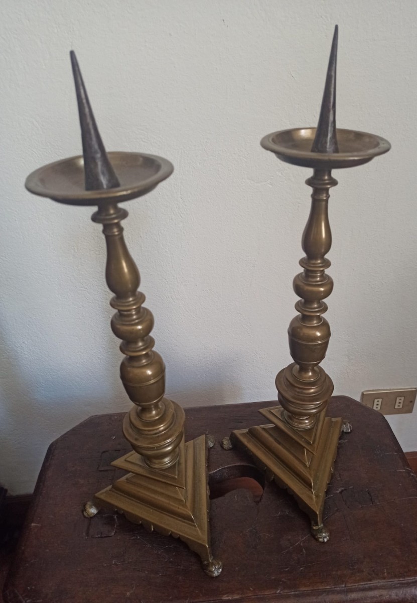 Bella coppia di porta ceri in bronzo tornito seconda metà del XVII secolo-photo-4