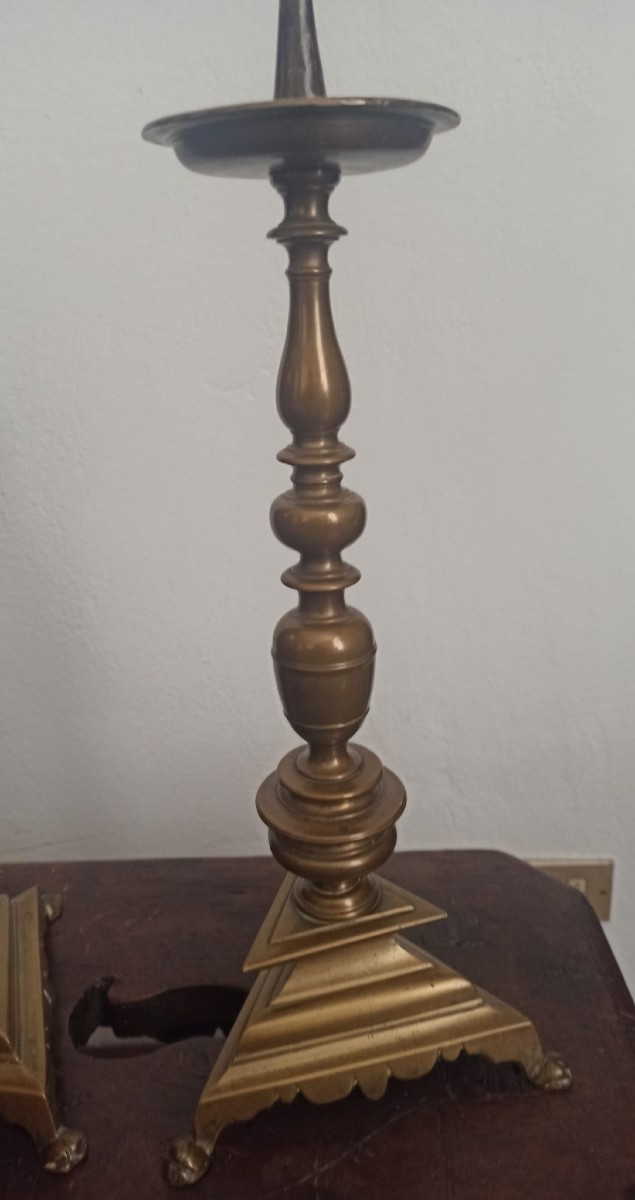 Bella coppia di porta ceri in bronzo tornito seconda metà del XVII secolo-photo-3