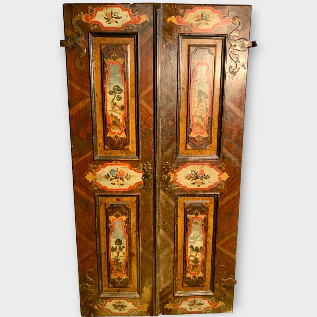 Bella porta trentina dipinta su entrambi i lati con paesaggi e motivi floreali XVIII secolo-photo-4