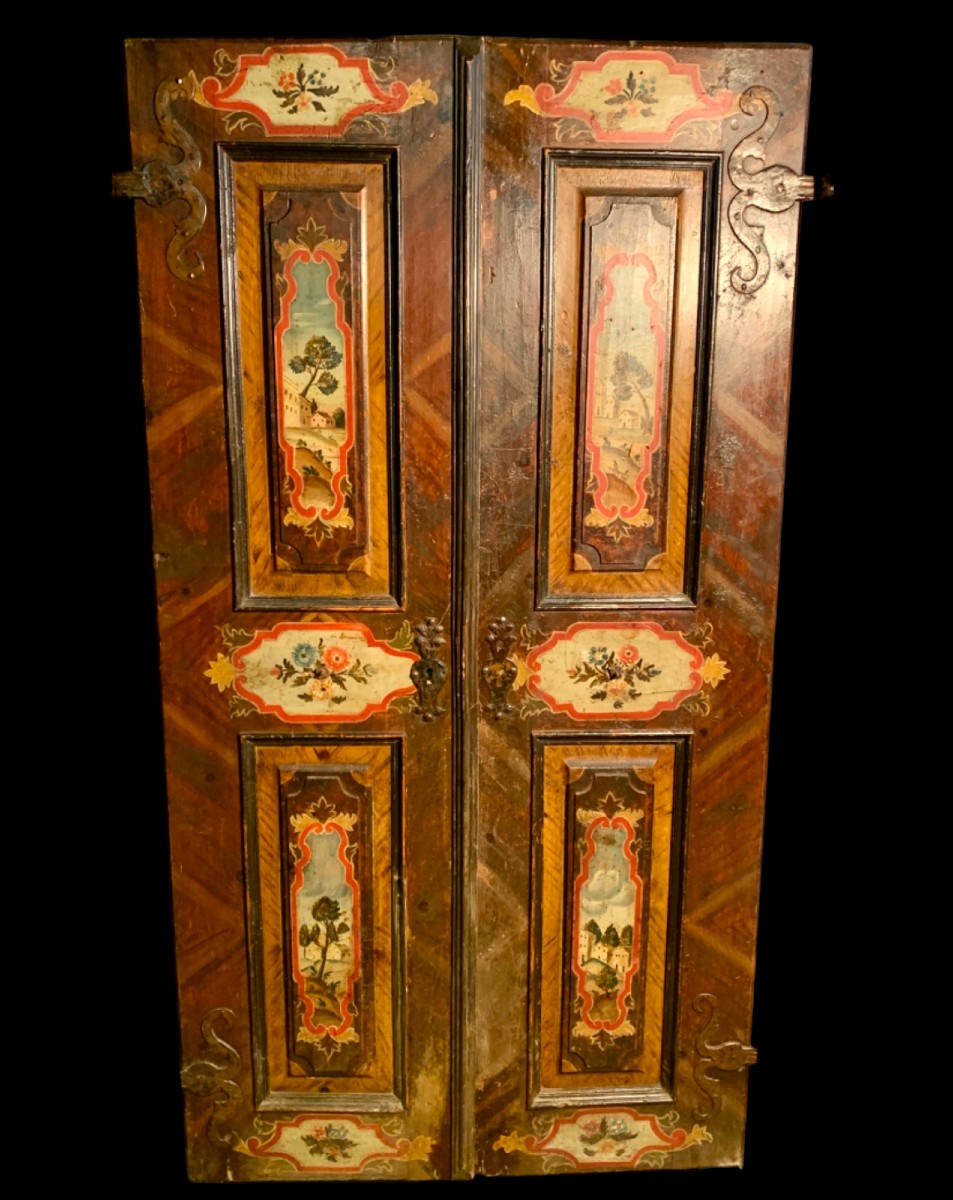 Bella porta trentina dipinta su entrambi i lati con paesaggi e motivi floreali XVIII secolo-photo-1