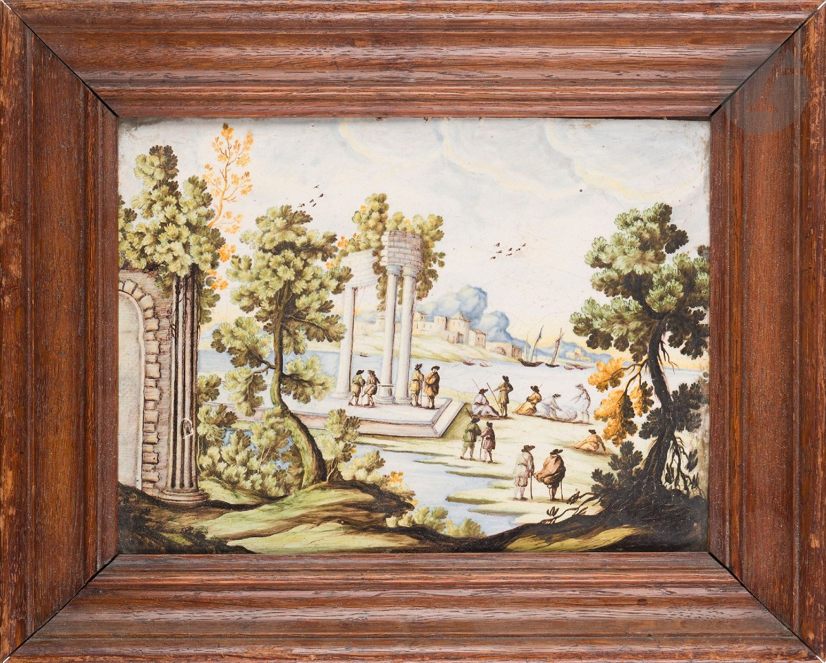 Placca Castelli rappresentante un paesaggio con personaggi XVIII secolo