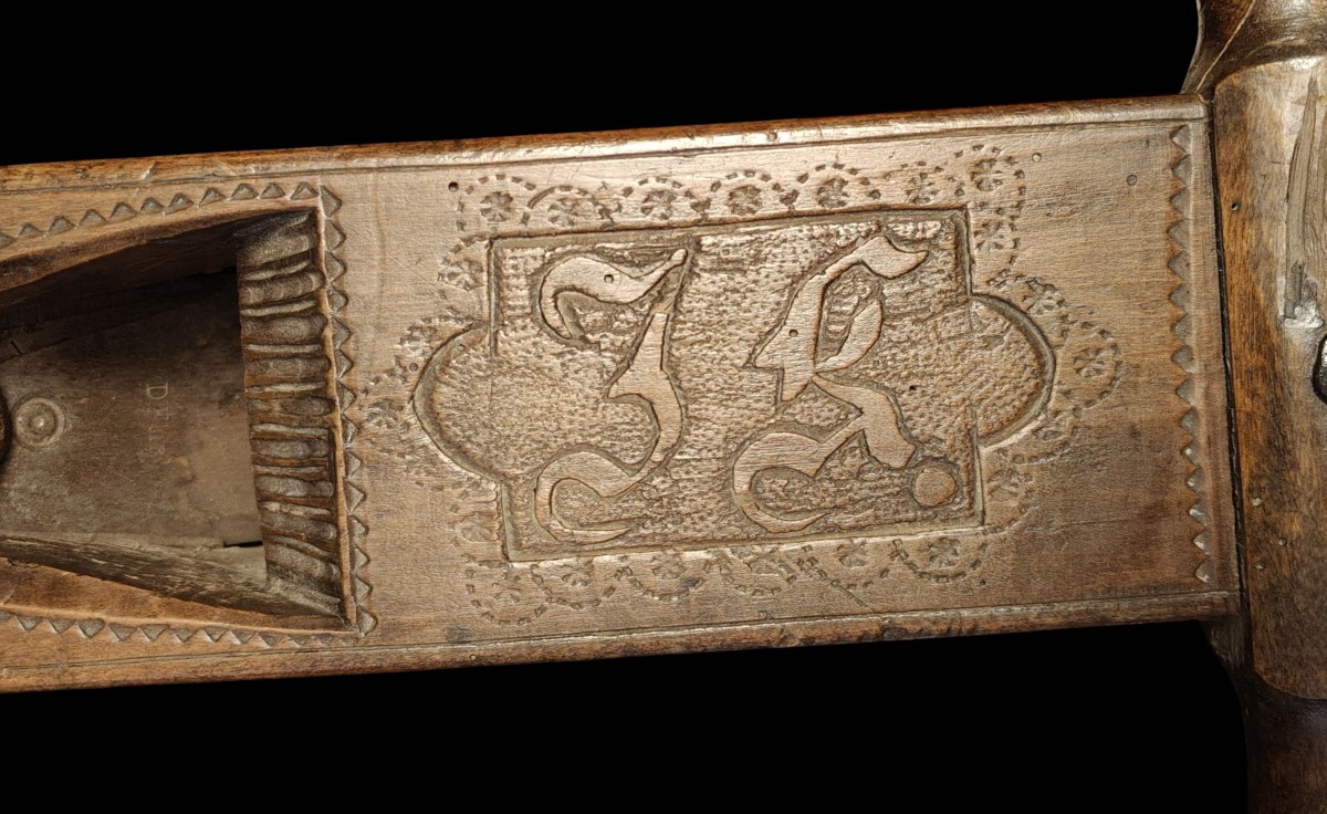 Grande pialla a 4 mani in legno intagliato e datata 1856, alpi austriache-photo-6