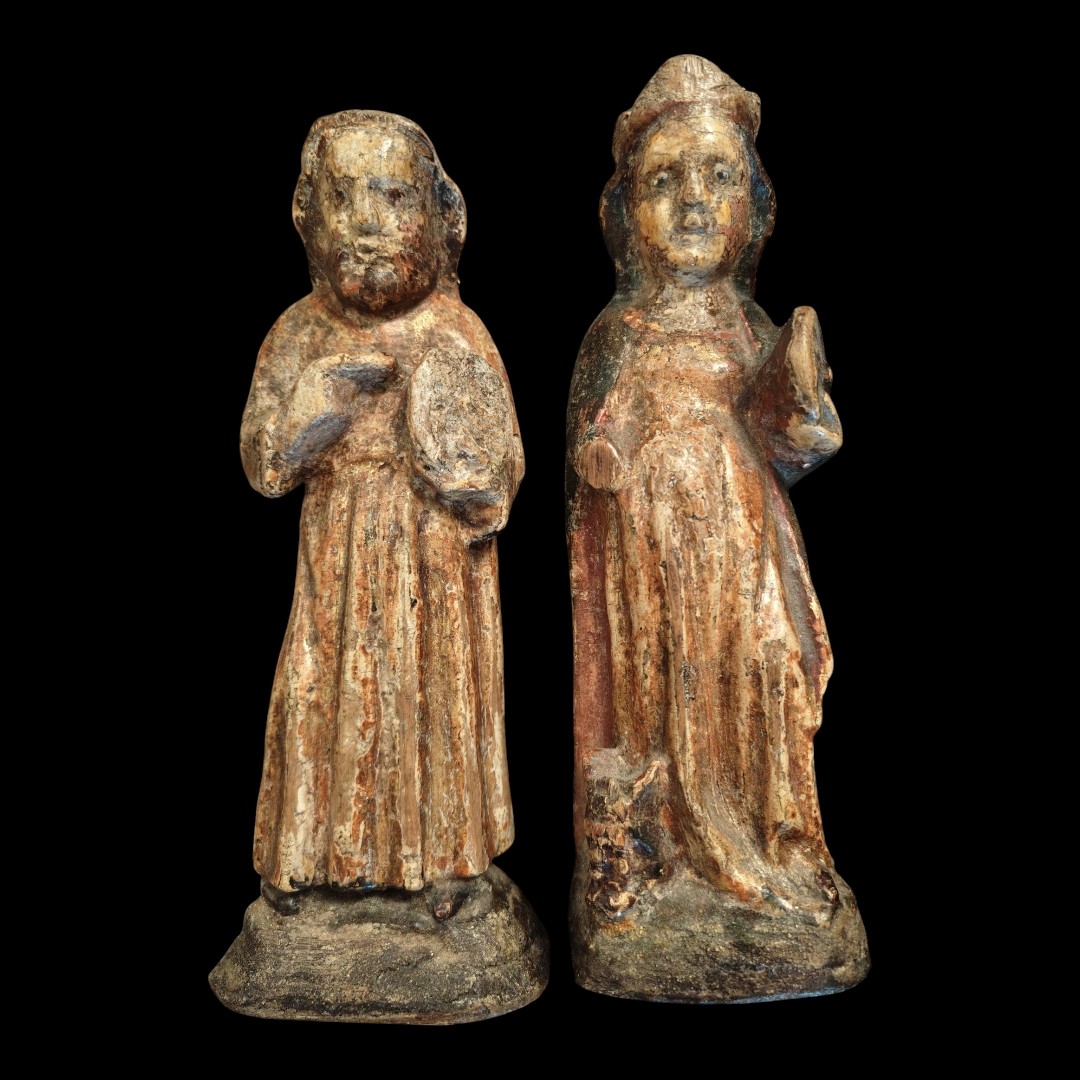 Rara coppia di piccole statue di santi in legno policromo Piemonte XV secolo-photo-2