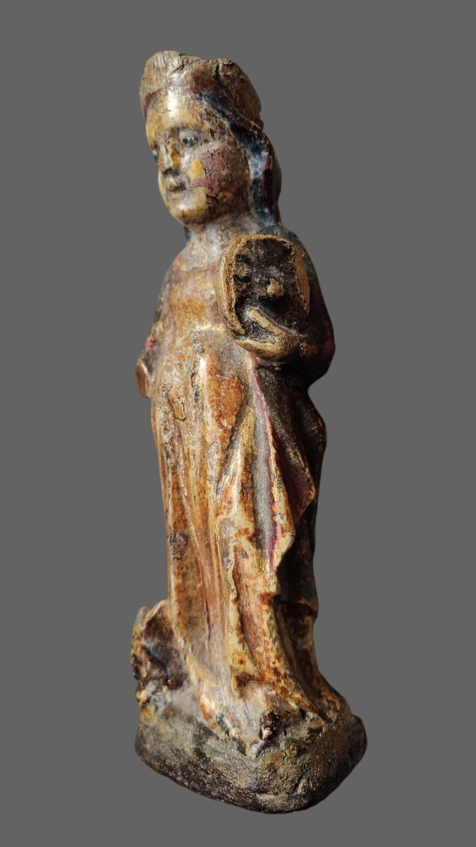 Rara coppia di piccole statue di santi in legno policromo Piemonte XV secolo-photo-3