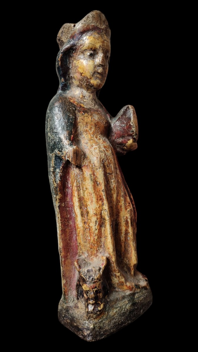 Rara coppia di piccole statue di santi in legno policromo Piemonte XV secolo-photo-4