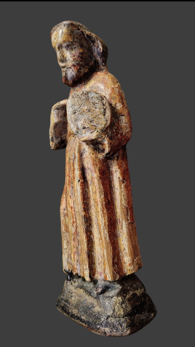 Rara coppia di piccole statue di santi in legno policromo Piemonte XV secolo-photo-2