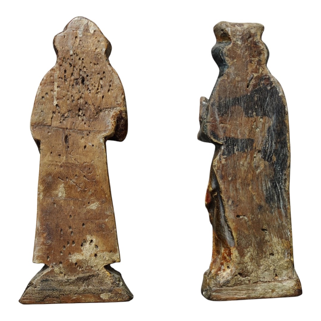 Rara coppia di piccole statue di santi in legno policromo Piemonte XV secolo-photo-3